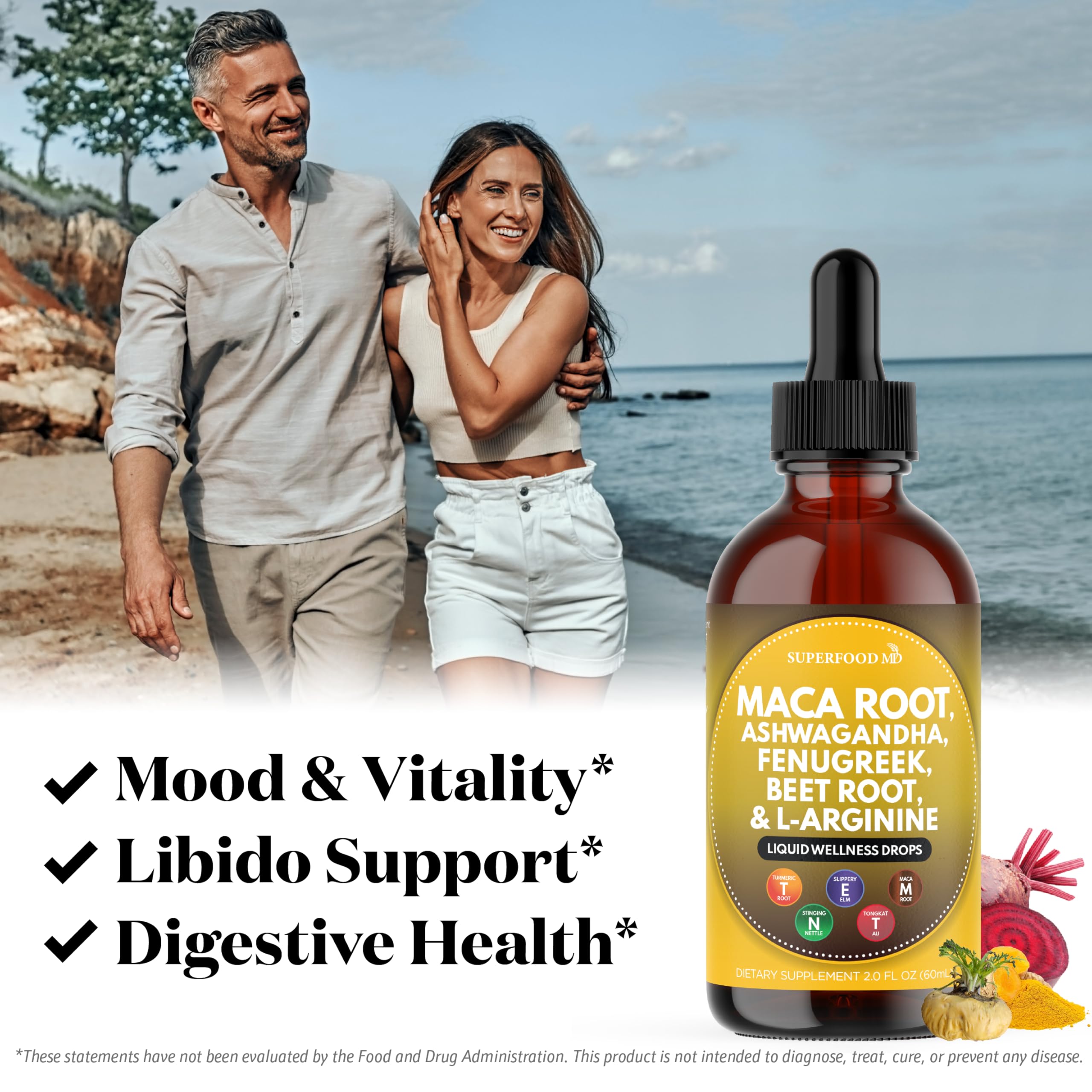 Superfood MD beet root drops bottle emphasizing vibrant color and minerals.