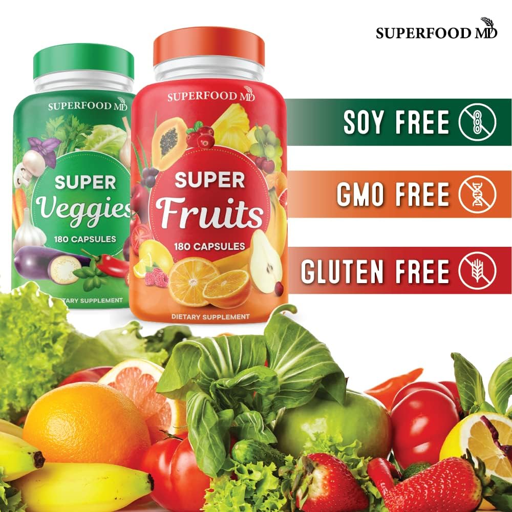 Superfood MD capsules close-up shows vegan non-GMO formulation
