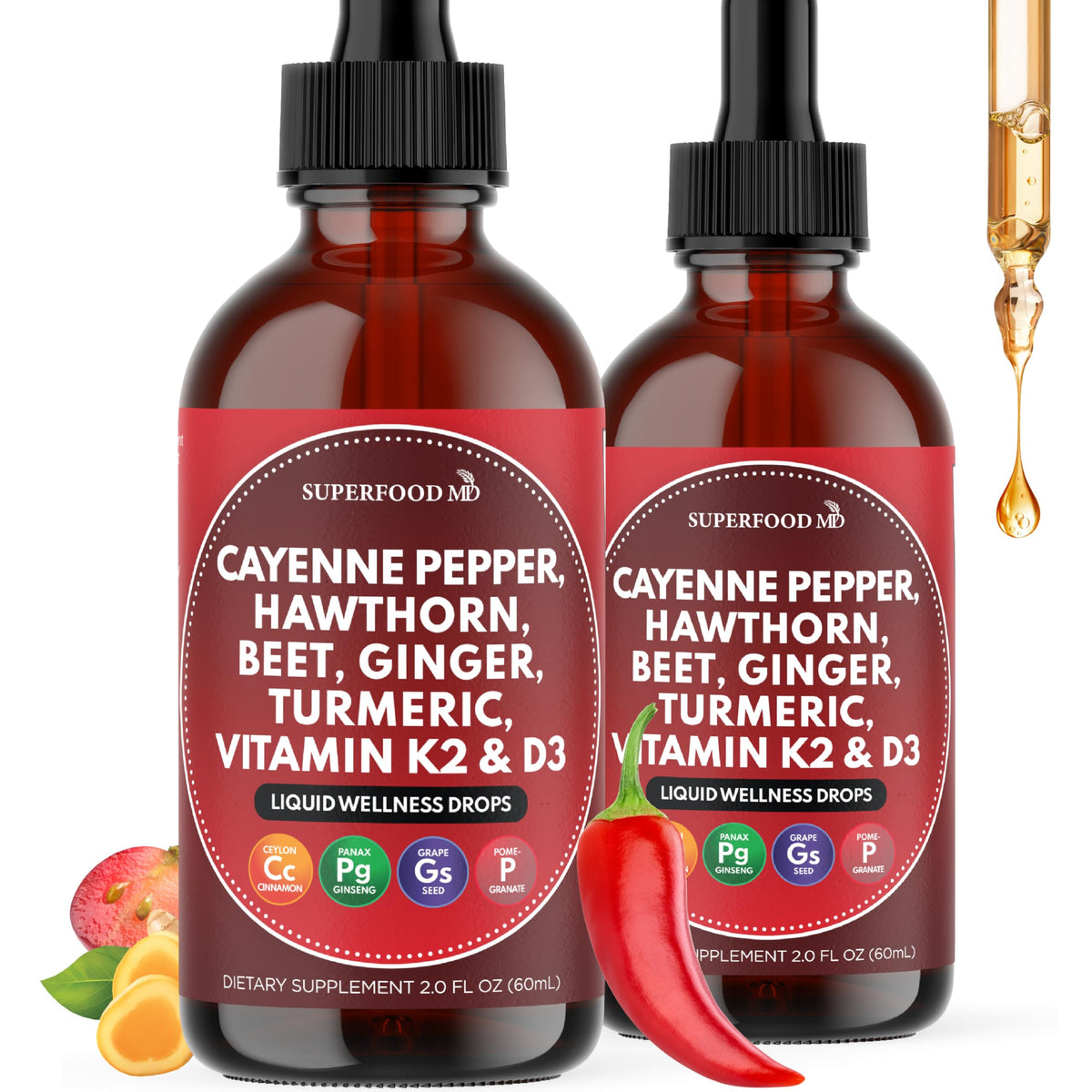 Superfood MD cayenne pepper liquid drops for daily wellness and vitality.