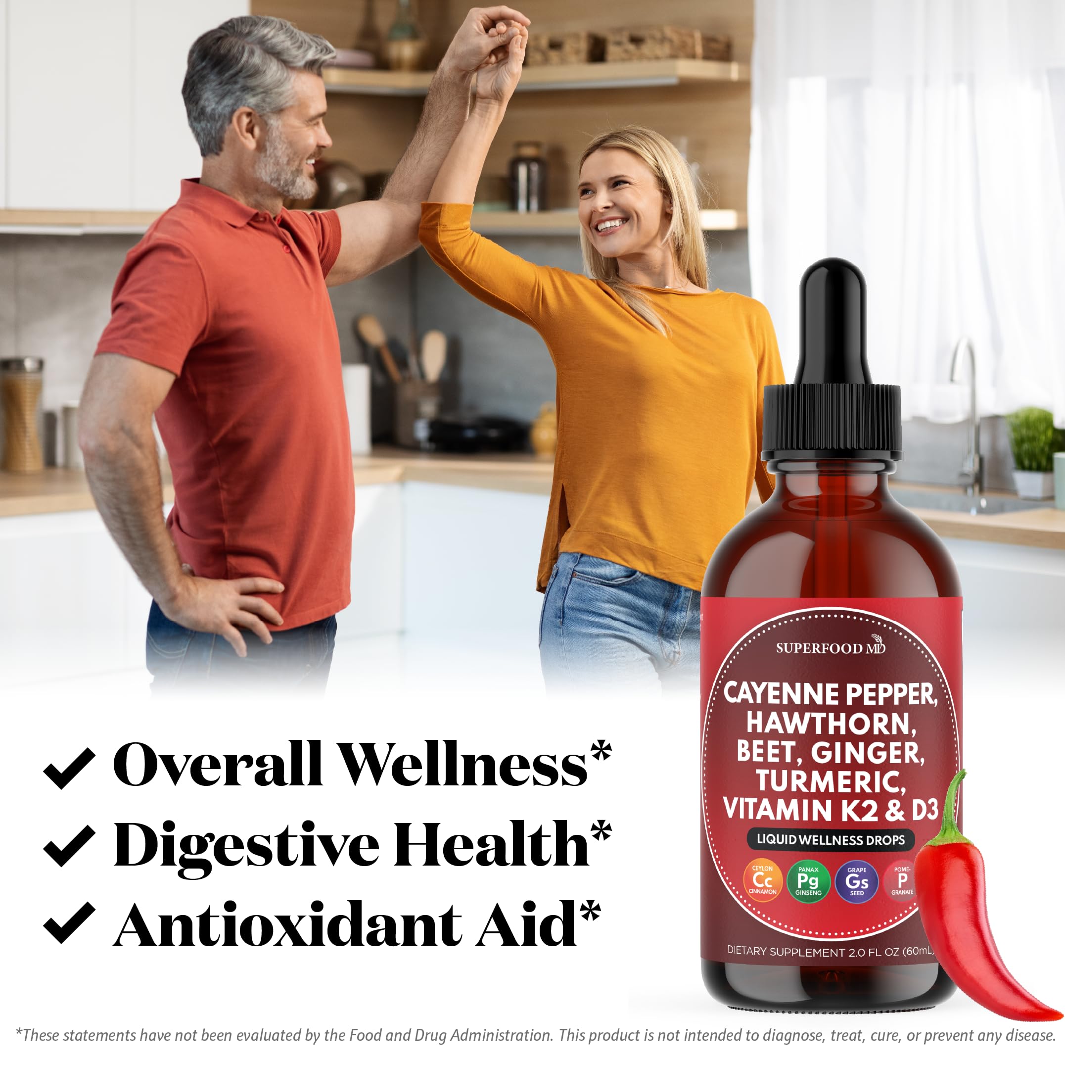 Superfood MD D3 K2 vitamin blend with dropper for essential nutrients.