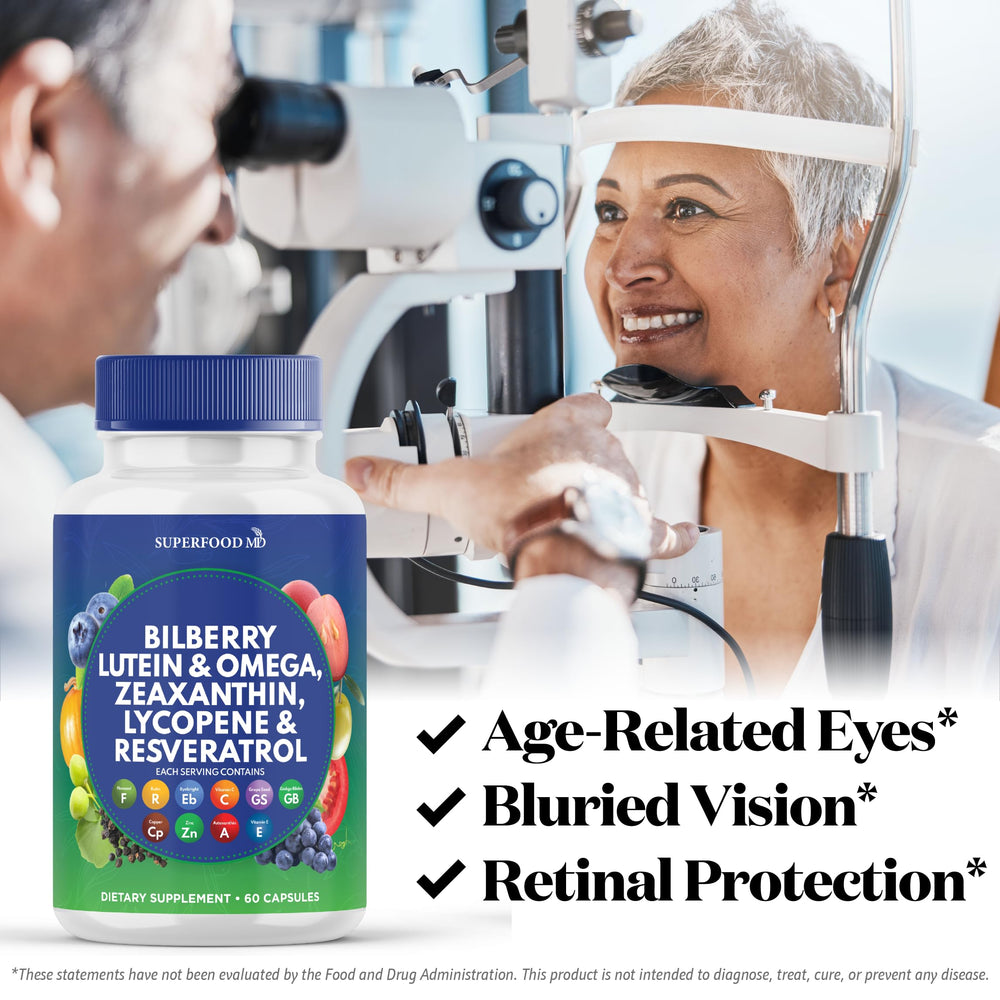 Superfood MD Eye Health bottle label highlighting the natural antioxidant blend