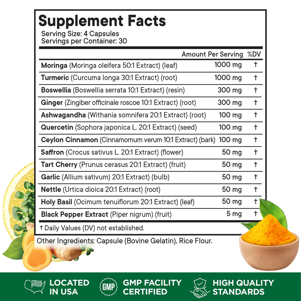 Illustration of a 4-capsule serving from Superfood MD moringa blend.
