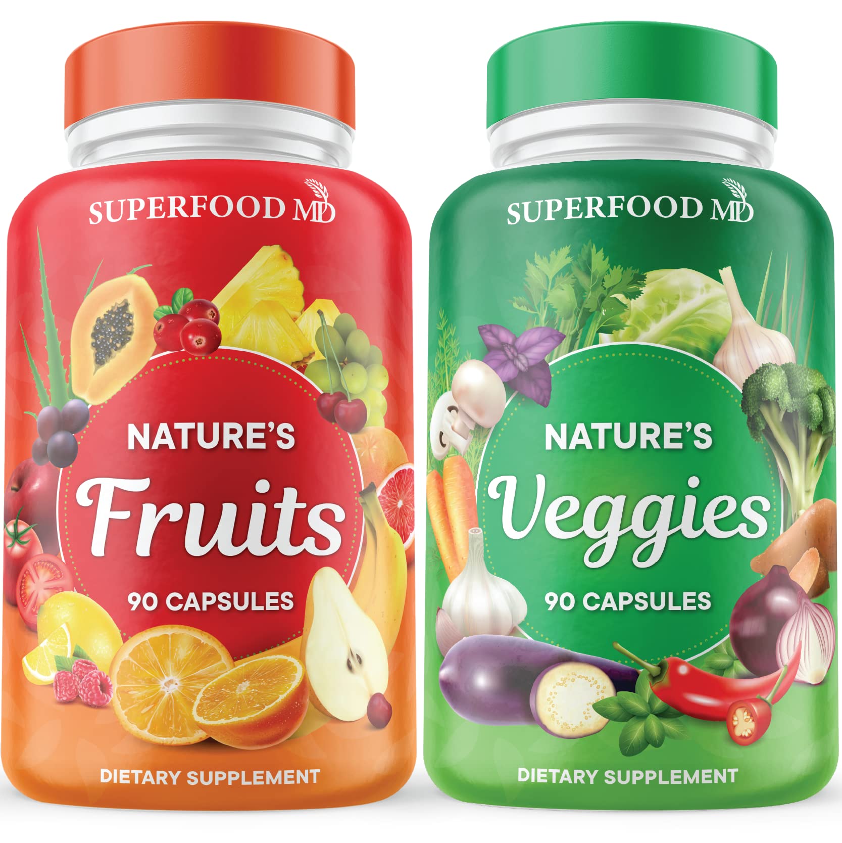 Superfood MD fruits & veggies supplement bottle front promotes daily wellness with whole-food ingredients.