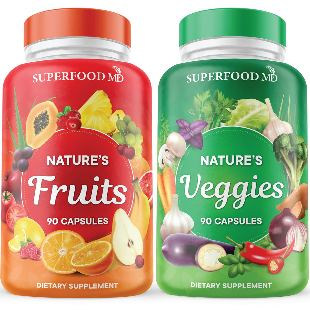 Superfood MD fruits & veggies supplement bottle front promotes daily wellness with whole-food ingredients.