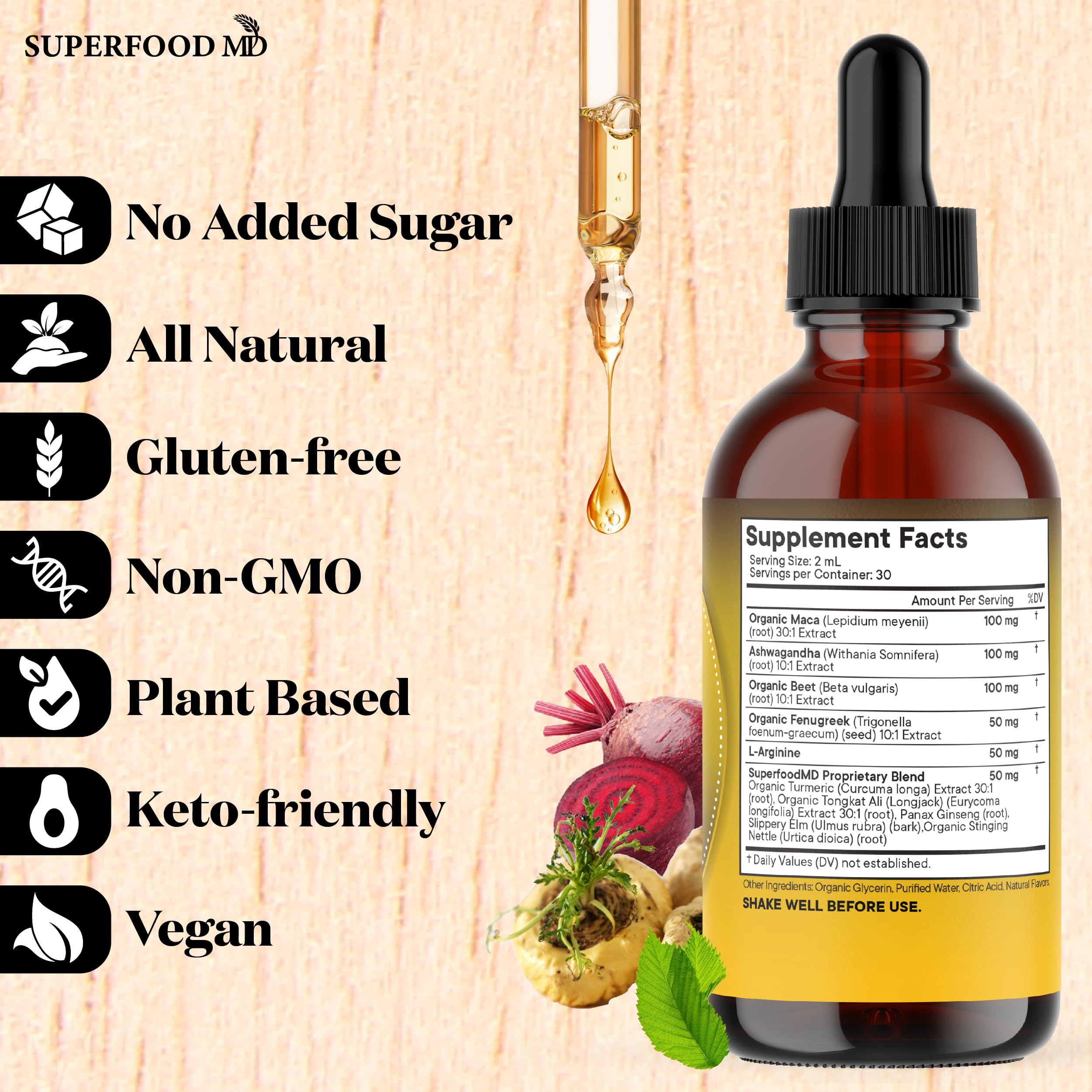 Superfood MD l-arginine drops bottle indicating amino acid nutrition support.