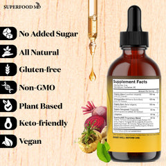 Superfood MD l-arginine drops bottle indicating amino acid nutrition support.
