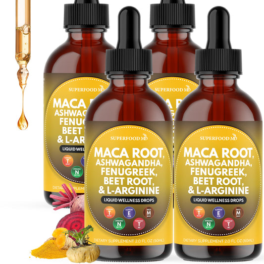 Superfood MD maca root drops bottle for everyday vitality support.