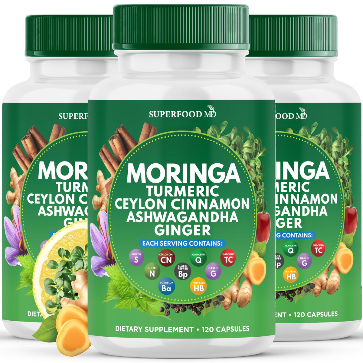 Superfood MD Moringa turmeric capsules bottle for a daily all-in-one wellness routine.