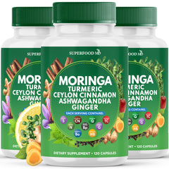 Superfood MD Moringa turmeric capsules bottle for a daily all-in-one wellness routine.
