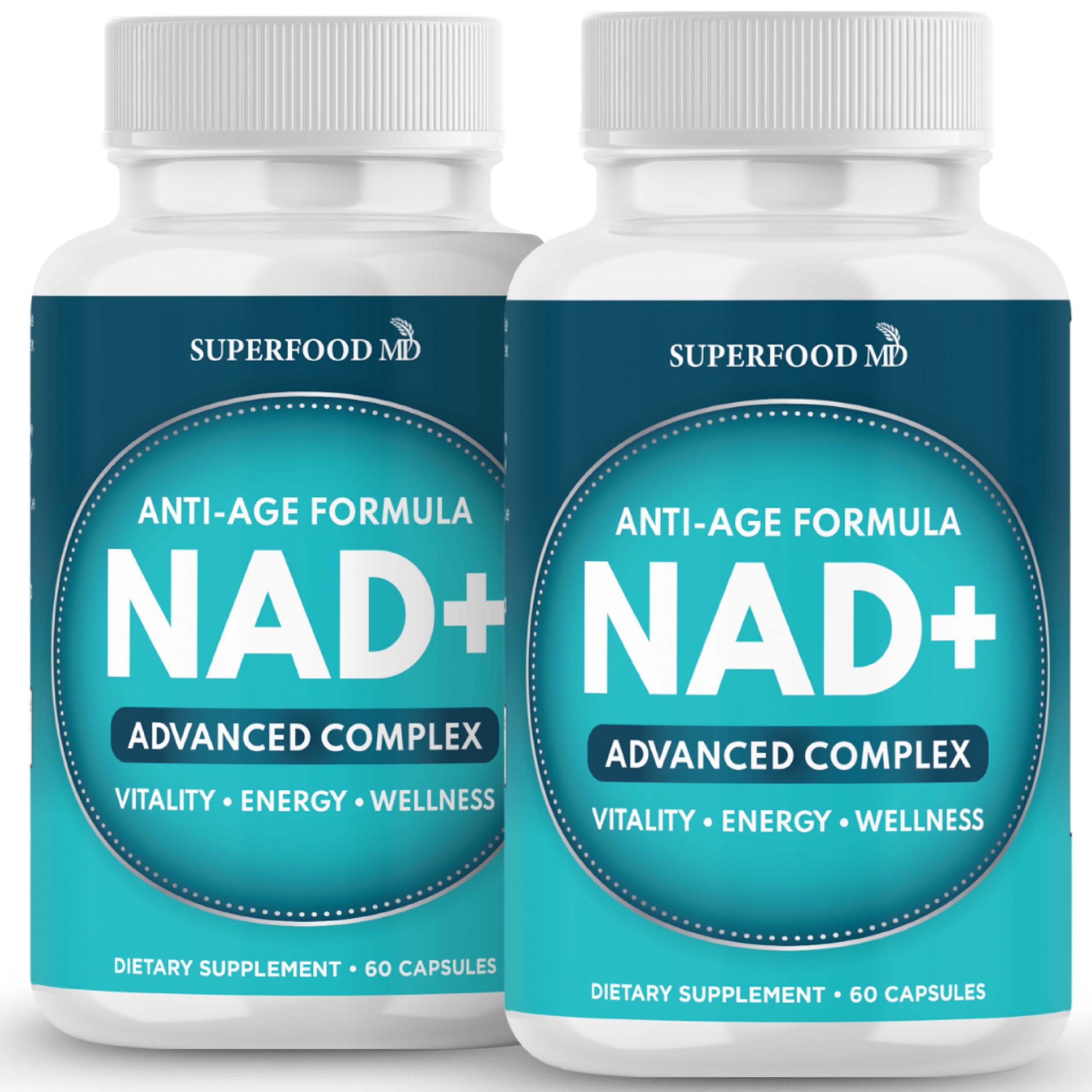 Superfood MD NAD+ liposomal bottle highlighting high absorption potential.