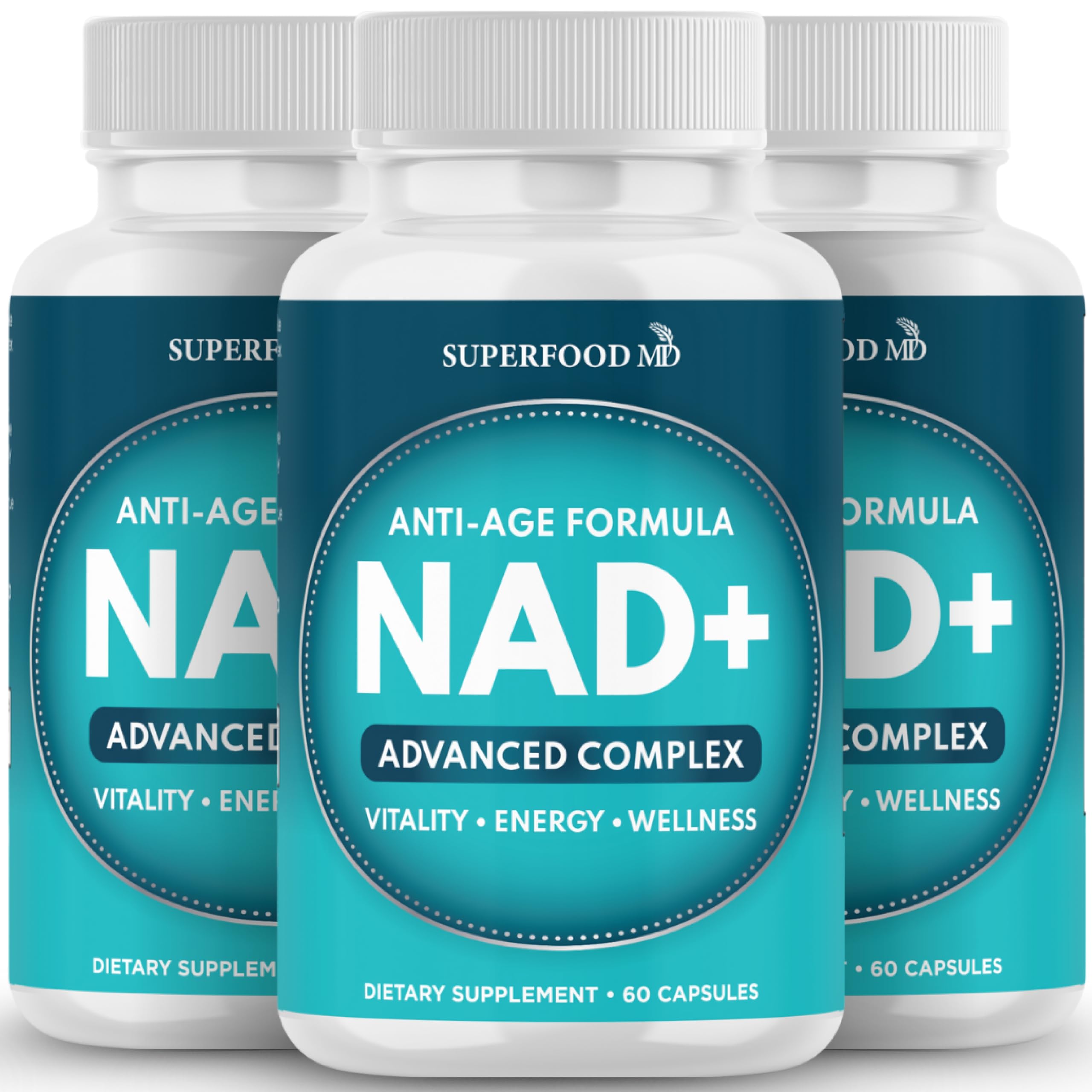 Superfood MD NAD+ supplement bottle front showing branding for daily wellness.