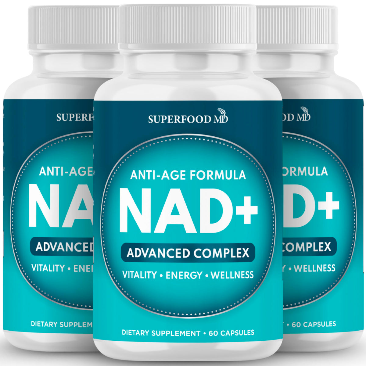 Superfood MD NAD+ supplement bottle front showing branding for daily wellness.
