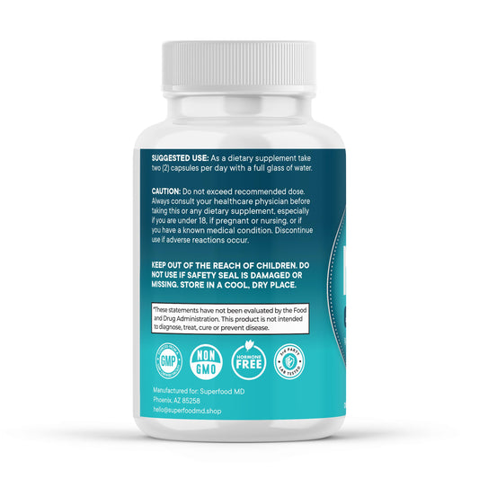 Superfood MD NAD+ bottle ingredients highlight antioxidants and liposomal delivery for absorption.