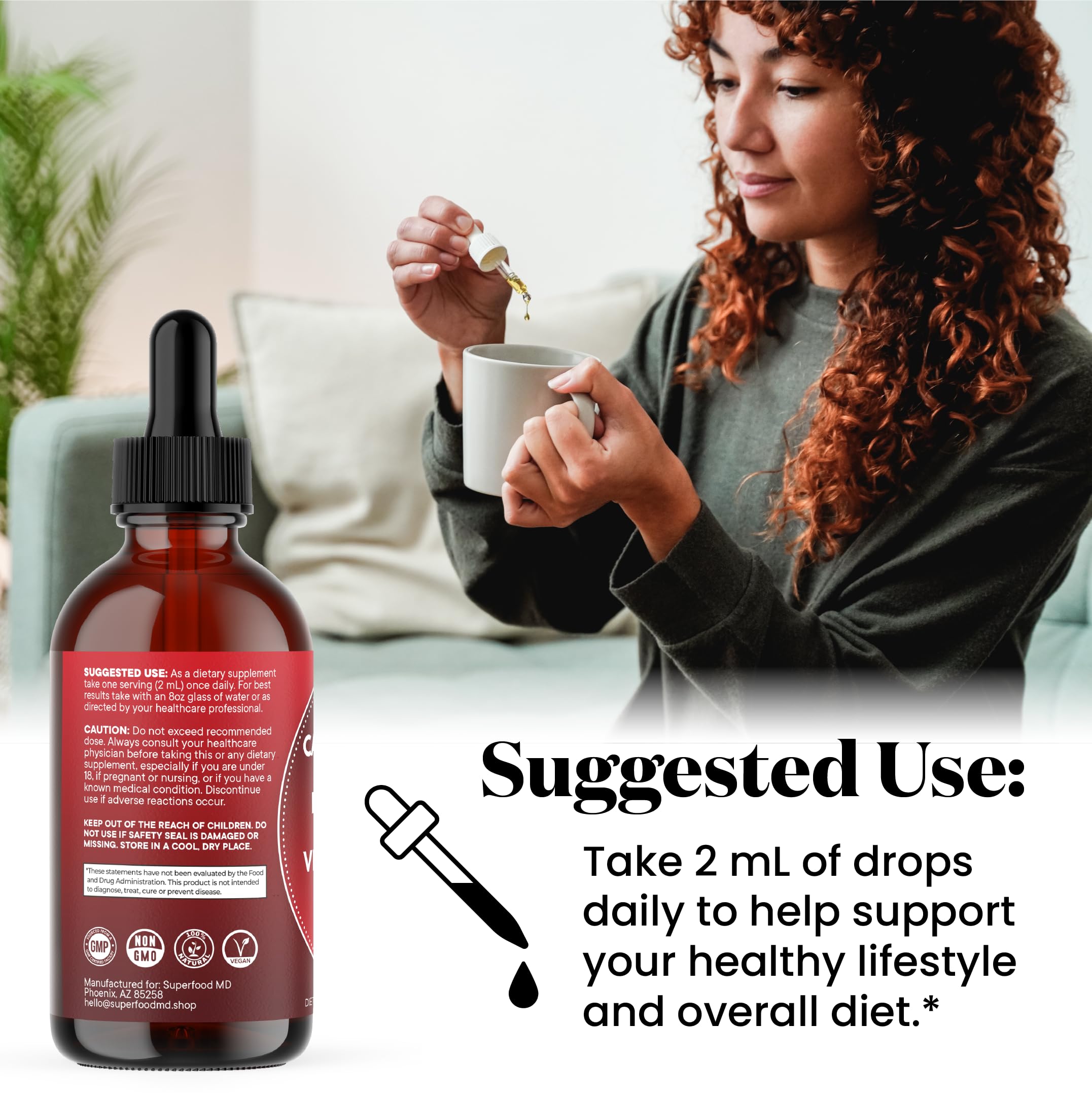 Superfood MD Panax ginseng extract dropper highlighting focus and energy.