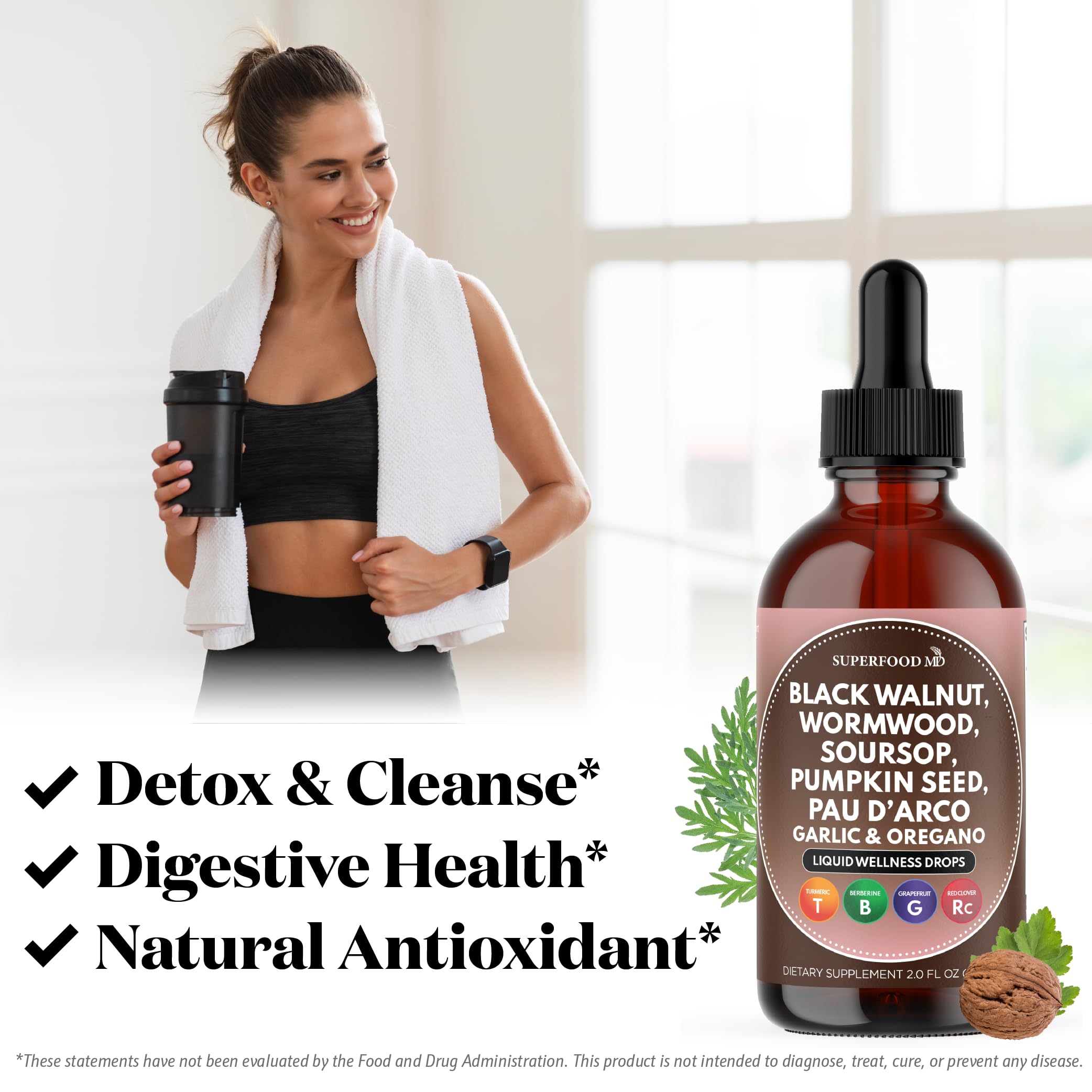 Superfood MD Pau D'Arco herb drops highlighting convenient liquid format for ongoing use.