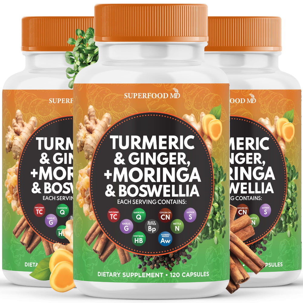 Superfood MD Turmeric Moringa bottle label highlighting joint support blend.