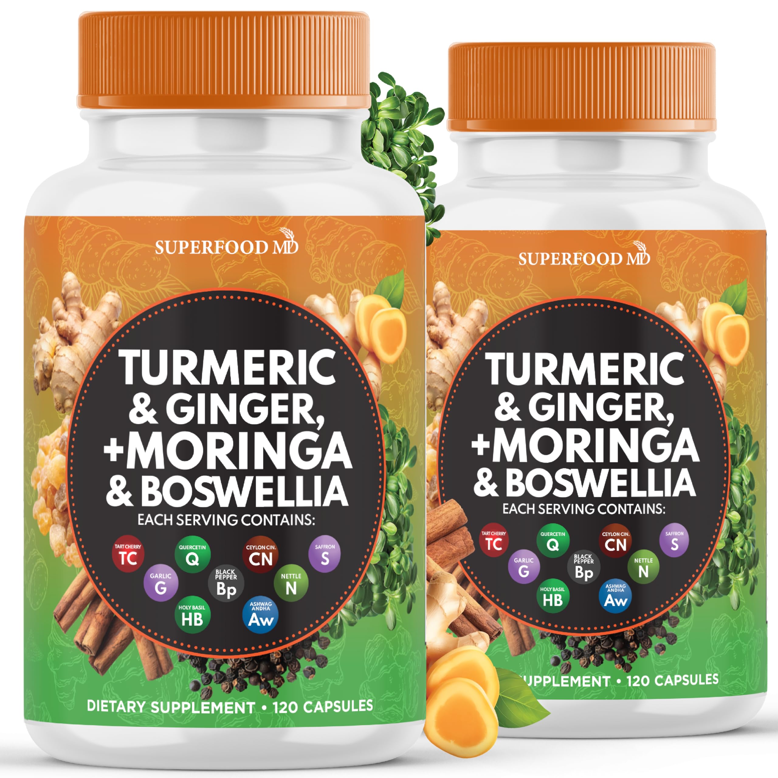 Superfood MD turmeric-moringa bottle promotes antioxidant-rich daily wellness