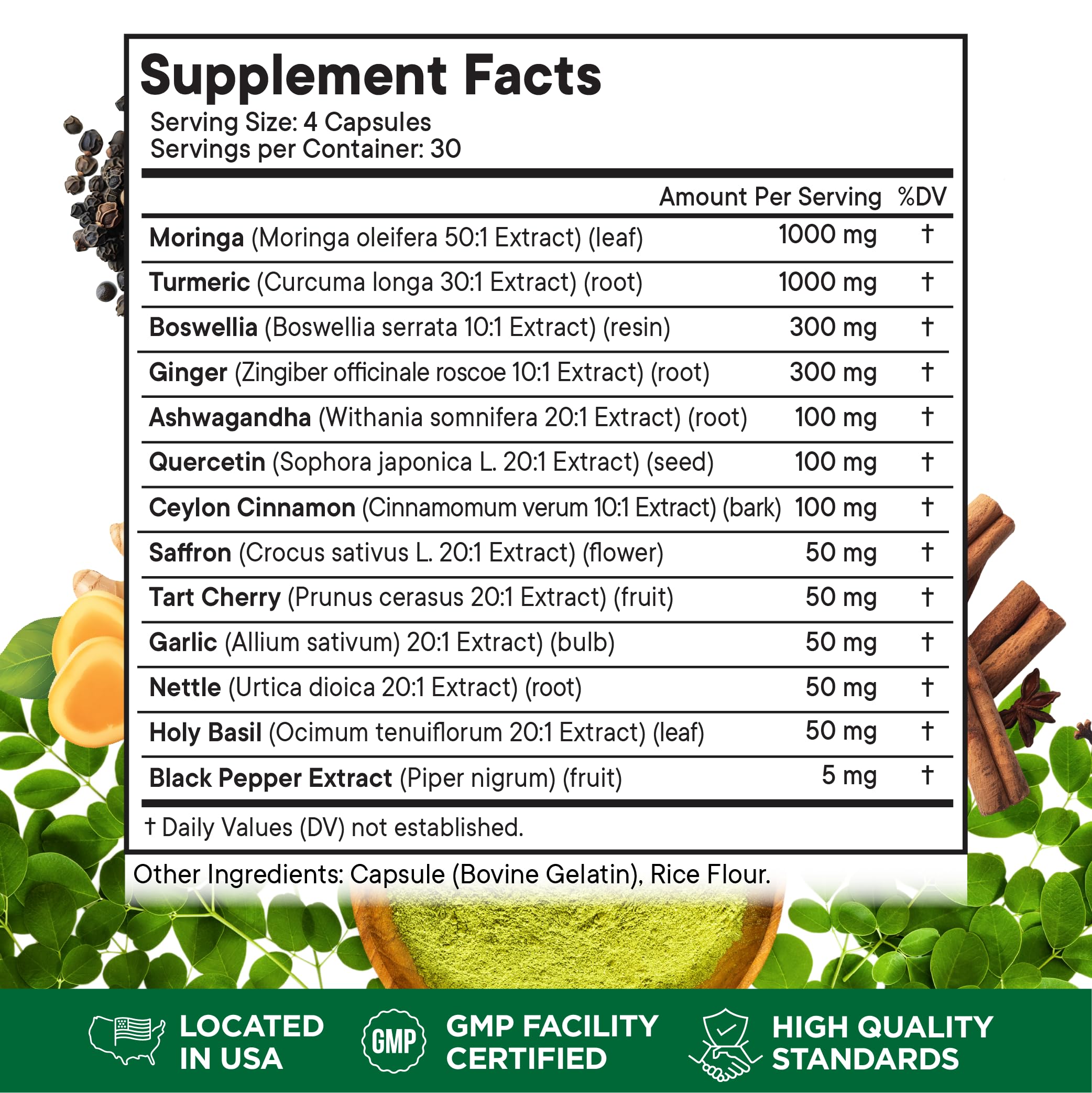 Closeup of Superfood MD Turmeric Moringa capsules for daily wellness.