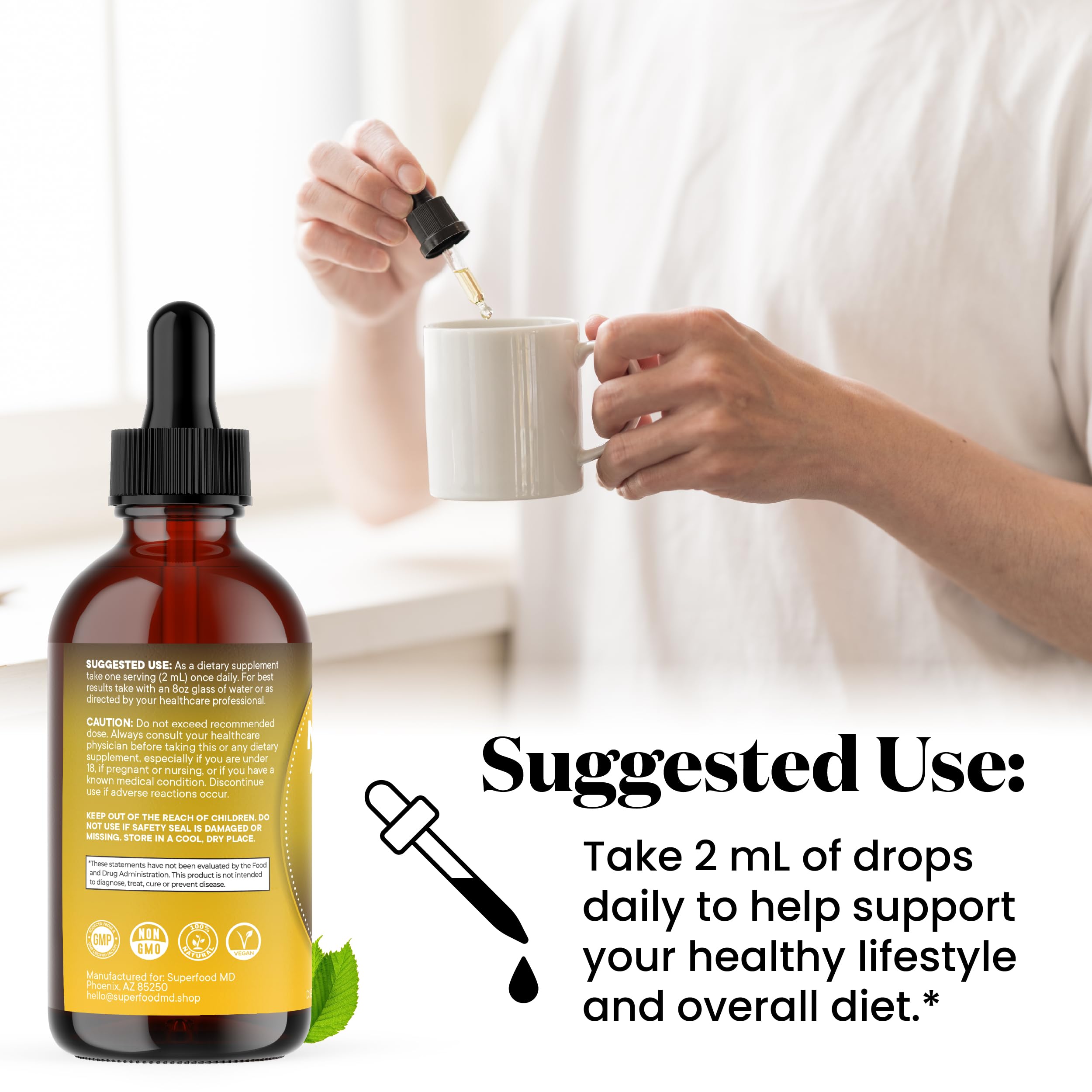 Superfood MD label on bottle highlighting USA-made non-GMO quality and testing.