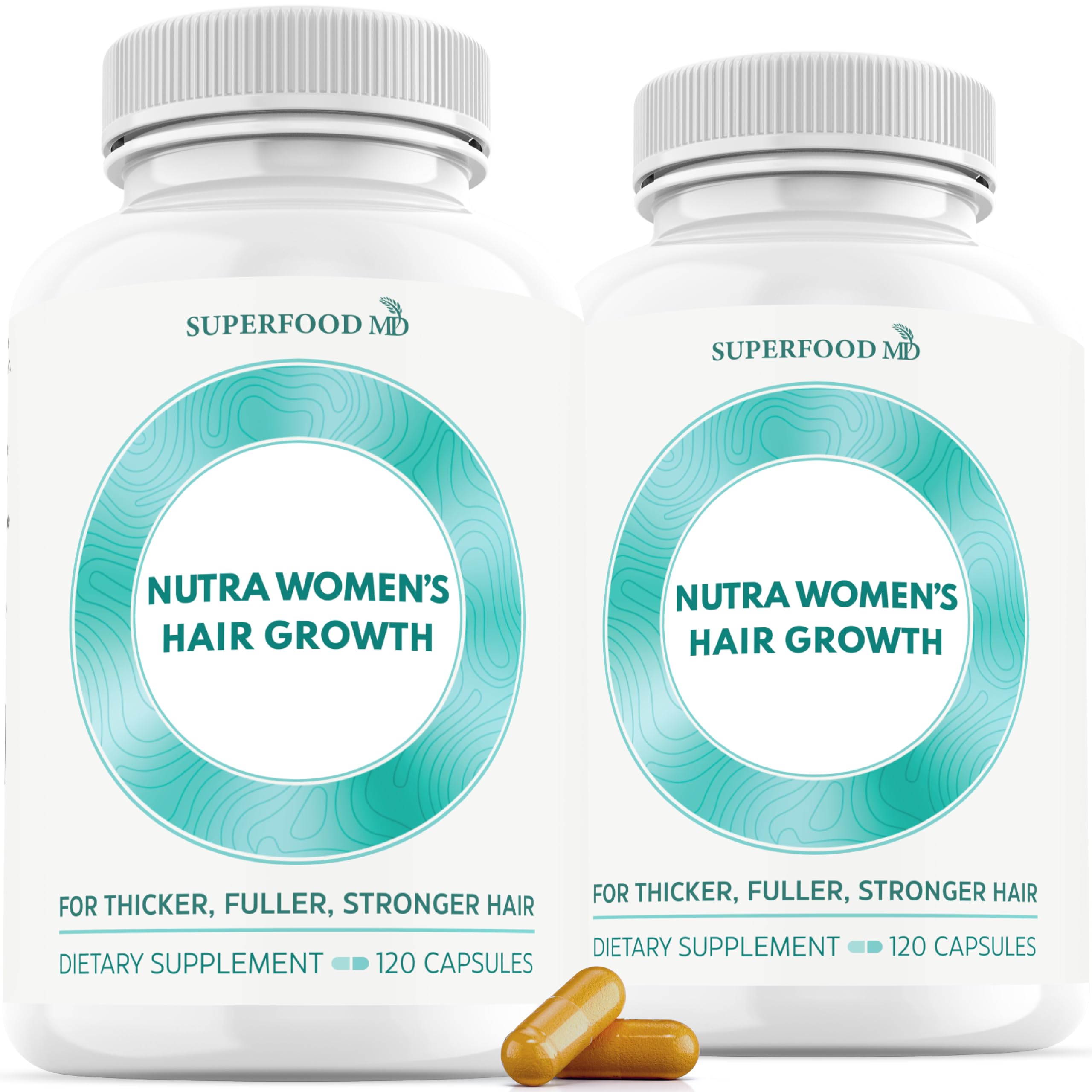 Superfood MD Women's Balance bottle close-up showing a 2-month supply for hair health.