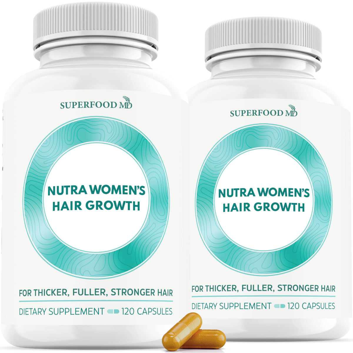 Superfood MD Women's Balance bottle close-up showing a 2-month supply for hair health.