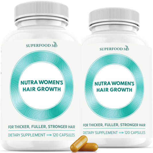 Superfood MD Women's Balance bottle close-up showing a 2-month supply for hair health.