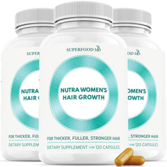 Superfood MD Women's Balance bottle with capsules supports 45+ hair fullness.