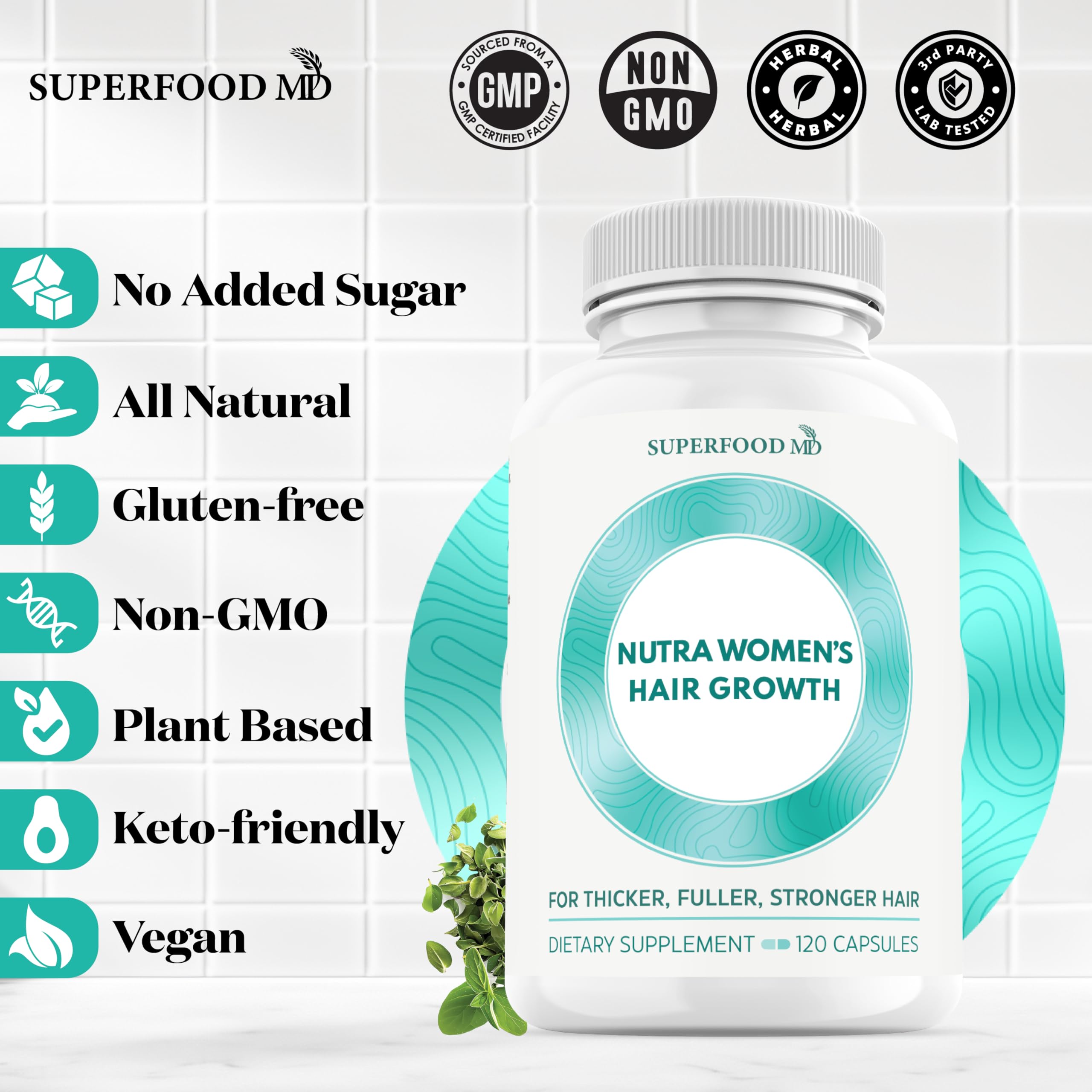 Reflection of a glass bottle of Superfood MD Women's Balance Hair Growth on a shelf, signaling quality.