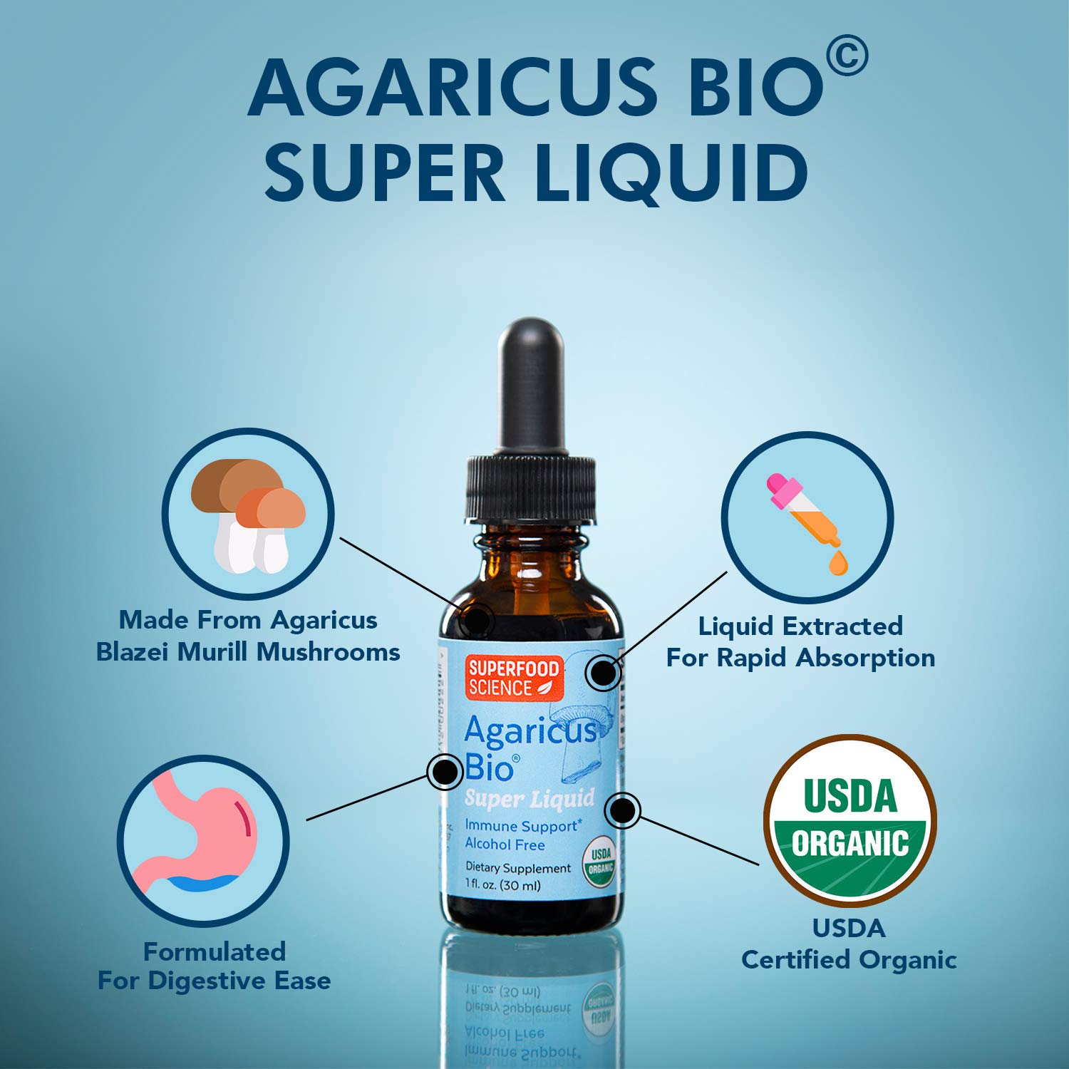 Amber bottle conveys premium organic vibe for this mushroom tincture.