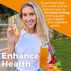 Superfood Tabs Peach Mango label highlights 15 natural superfoods for holistic support.