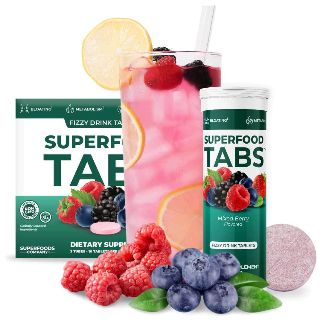 Daily serving ritual with Superfood Tabs shown as a simple wellness routine.