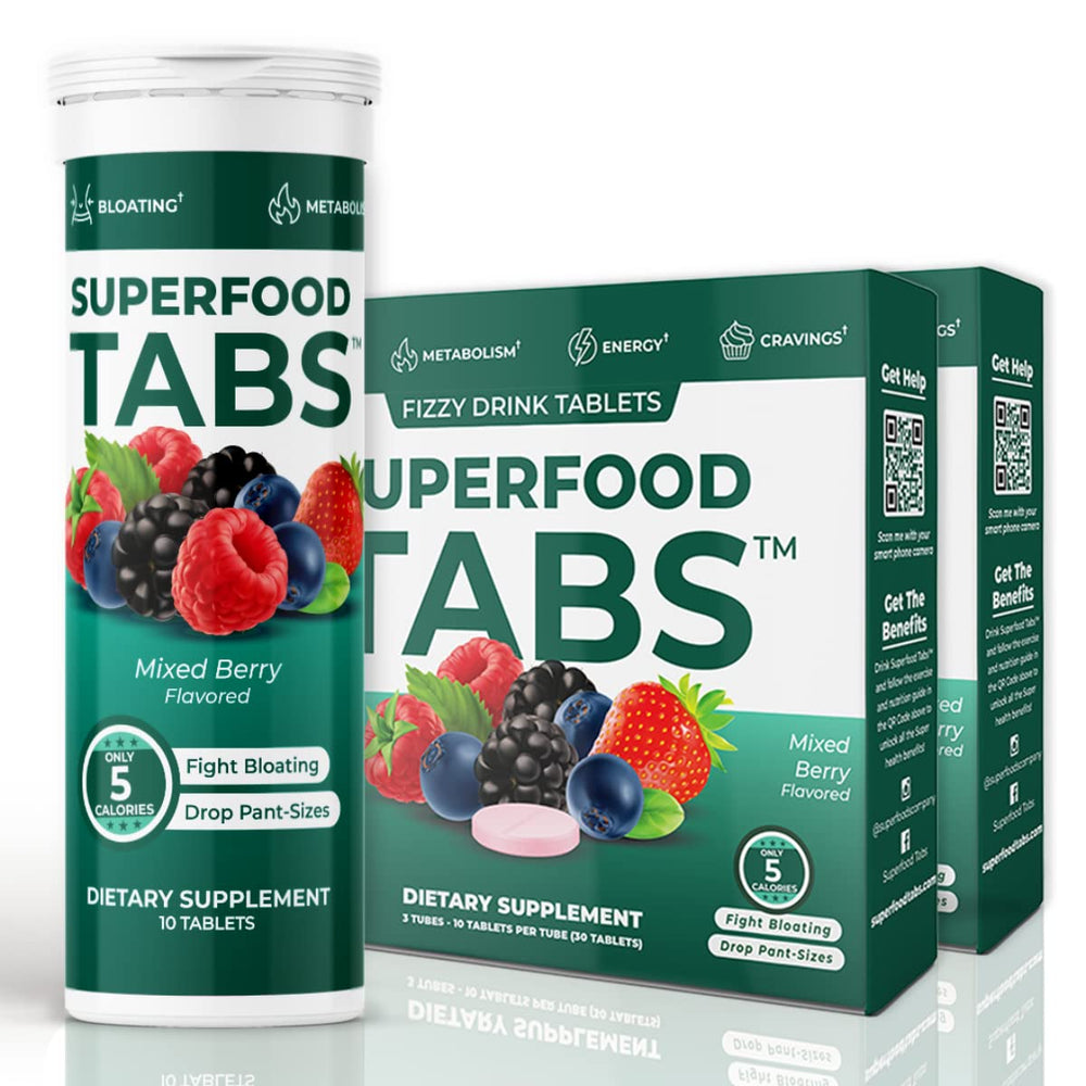 Superfood Tabs detox bottle with mixed berry flavor for a convenient daily cleanse.