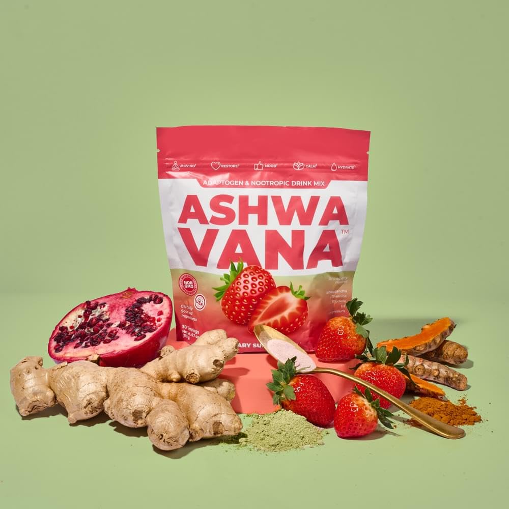 Strawberry flavor Ashwavana Zen Relax powder swirling in a glass
