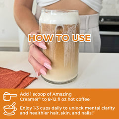 Amazing Creamer coffee cup scene highlights salted caramel flavor and creamy texture.