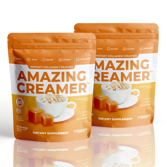 Superfoods Company Amazing Creamer bottle pours collagen into daily coffee.