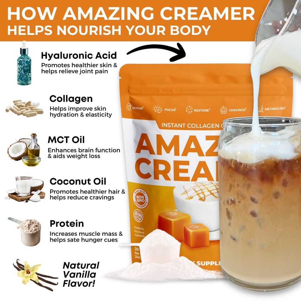 Amazing Creamer salted caramel jar on counter showcases keto-friendly low sugar profile.