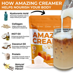 Amazing Creamer salted caramel jar on counter showcases keto-friendly low sugar profile.