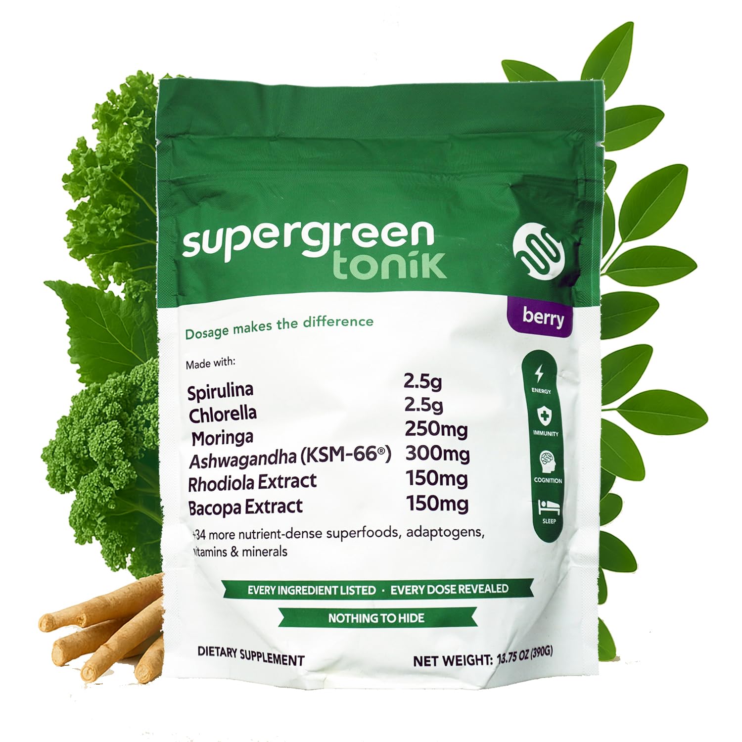 SUPERGREEN TONIK berry-flavor bag for daily greens boost.