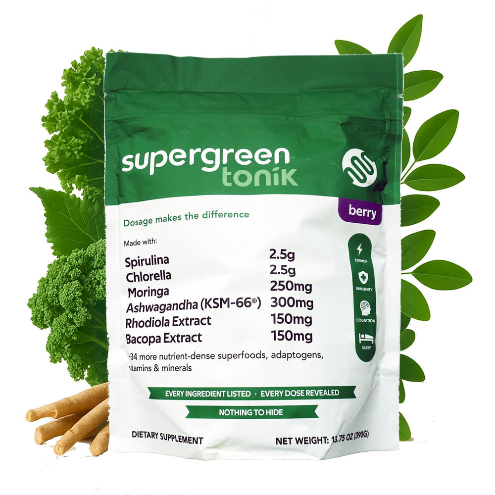 SUPERGREEN TONIK berry-flavor bag for daily greens boost.