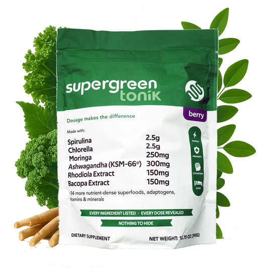 SUPERGREEN TONIK berry-flavor bag for daily greens boost.
