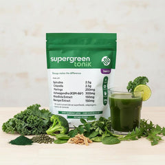 Close-up of ingredients label on SUPERGREEN TONIK jar.