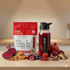 SUPERGREEN TONIK pomegranate goji mix showcases vibrant antioxidants.
