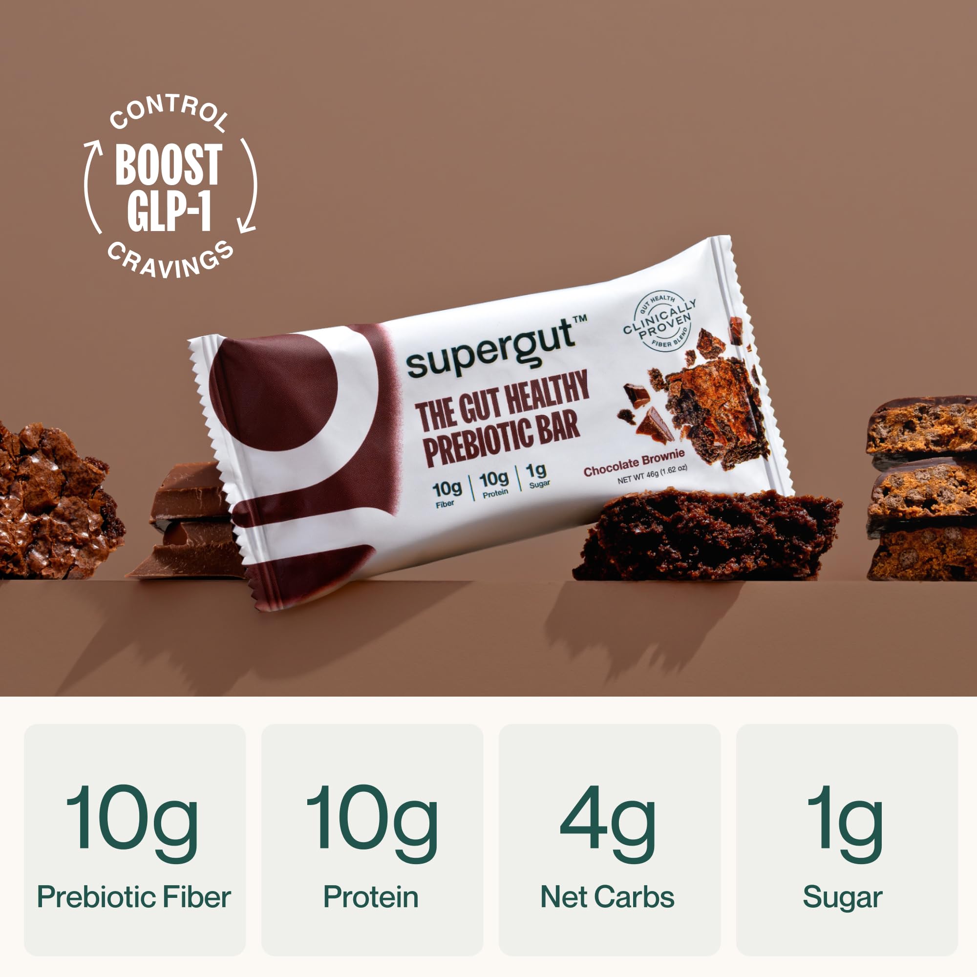 Supergut GLP-1 Boosting Prebiotic Bar close-up showing chocolate brownie texture for cravings management
