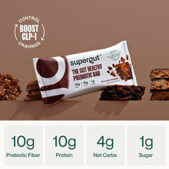 Supergut GLP-1 Boosting Prebiotic Bar close-up showing chocolate brownie texture for cravings management