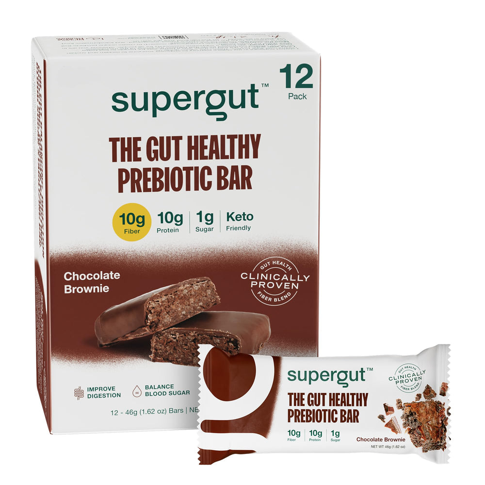 Supergut GLP-1 Boosting Prebiotic Bar Chocolate Brownie packaging highlighting keto-friendly, crave-control snack