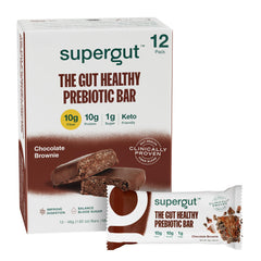 Supergut GLP-1 Boosting Prebiotic Bar Chocolate Brownie packaging highlighting keto-friendly, crave-control snack