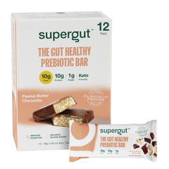 Supergut GLP-1 Bar peanut butter chocolate promotes satiety during busy mornings.