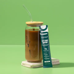 Supergut GLP-1 Daily Support kitchen scene shows a ready-to-drink setup.