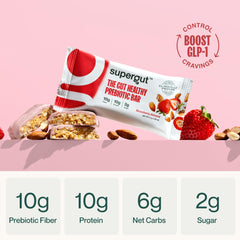 Supergut Strawberry Almond bar close-up, chewy texture for on-the-go energy.