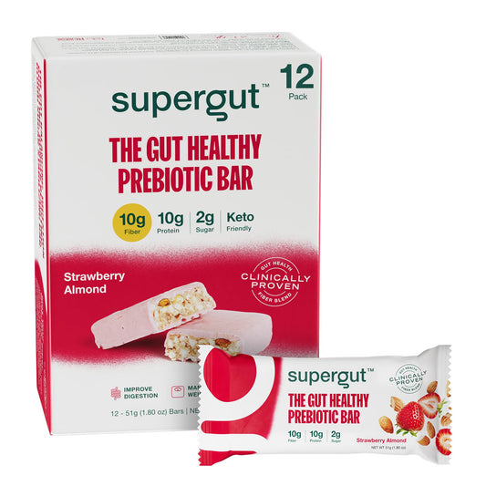 Supergut Strawberry Almond bar packaging, keto-friendly gut snack for busy days.